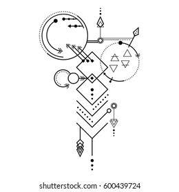 Geometric tattoo/sign with triangles, arrows, circles, dots and other symbols. Vector linear illustration of tattoo art/ sign.