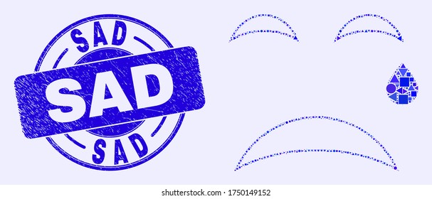 Geometric tear smiley mosaic pictogram and Sad seal stamp. Blue vector rounded scratched seal stamp with Sad text. Abstract mosaic of tear smiley combined of circle, tringle, square geometric spots.