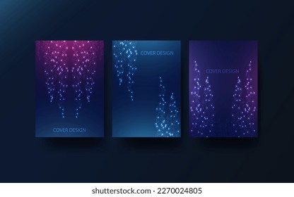 Geometric tech background collection. Colorful, bright digital decoration. Design elements for poster, brochure, book cover, magazine, layout. Binary code.Glowing dots and lines.Vector illustration
