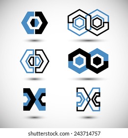 Geometric Tech Logos – Six Black and Blue Abstract Symbol Designs. A collection of six abstract geometric logo designs arranged in two rows of three. Each symbol combines black and blue angular shapes, hexagon‑inspired forms and mirrored elements to create a modern, technical aesthetic. The sharp symmetry and use of negative space make these designs suitable for technology brands, engineering companies, software products, security services and futuristic visual identities.