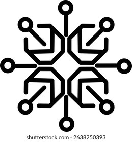Geometric Tech-Inspired Snowflake Design with Circuit Elements Digital Network, Innovation, and Technology Concept in Black Line Art