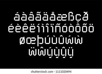 Geometric techno tape font, lowercase latin letters and numerals, futuristic electric display type that works for game screens and music bands covers, labels and products and other creative industries