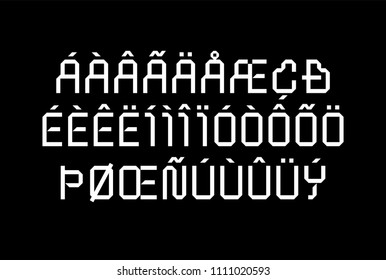 Geometric techno tape font, uppercase latin letters and numerals, futuristic electric display type that works for game screens and music bands covers, labels and products and other creative industries