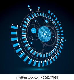 Geometric technology 3d vector drawing, blue technical wallpaper. Dimensional abstract scheme of engine or engineering mechanism.