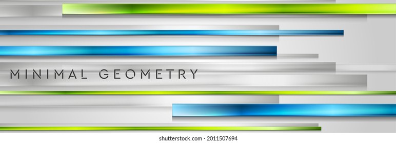 Geometric technology background with green blue glossy stripes. Vector banner design