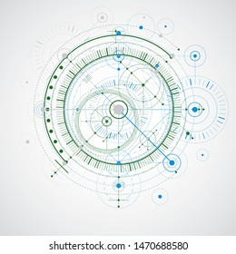 Geometric technology colorful vector drawing, technical wallpaper. Abstract scheme of engine or engineering mechanism.