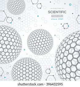 Conceito de tecnologia geométrica fundo. Fundo futuro científico. Esferas abstratas 3D, fullerene. Partículas de arame.