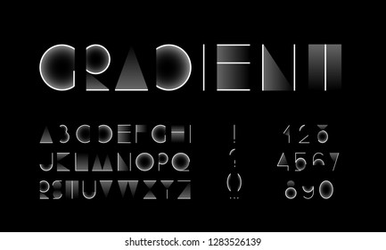 Schriftart für geometrische Technologie. Farbige Schriftart. Futuristisches Alphabet. Designen Sie Buchstaben und Zahlen. 
Moderne abstrakte Schriftart und Alphabet. Vektorgrafik abc
