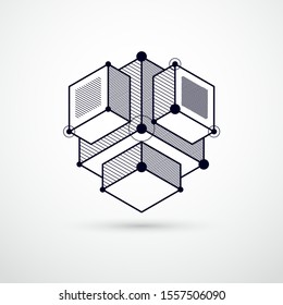Geometric technology vector black and white drawing, 3D technical wallpaper. Illustration of engineering system, abstract technological backdrop. Abstract technical background.