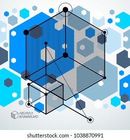 Geometric technology vector blue drawing, 3D technical wallpaper. Illustration of engineering system, abstract technological backdrop. Abstract technical background.