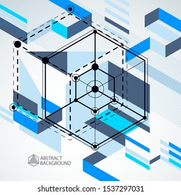 Geometric technology vector blue drawing, 3D technical wallpaper. Illustration of engineering system, abstract technological backdrop. Abstract technical background.