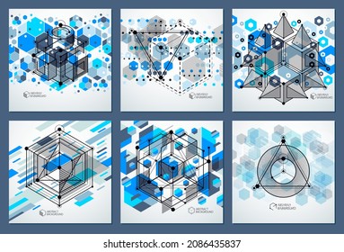 Geometric technology vector blue drawings set, 3D technical wallpaper. Illustration of engineering system, abstract technological backdrop. Abstract technical background.