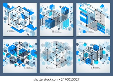 Geometric technology vector blue drawings set, 3D technical wallpaper. Illustration of engineering system, abstract technological backdrop. Abstract technical background.