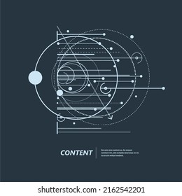 Diseño de dibujo vectorial de tecnología geométrica. Fondo técnico. Esquema abstracto con líneas y círculos sobre fondo oscuro