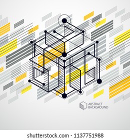 Geometric technology vector yellow drawing, 3D technical wallpaper. Illustration of engineering system, abstract technological backdrop. Abstract technical background.