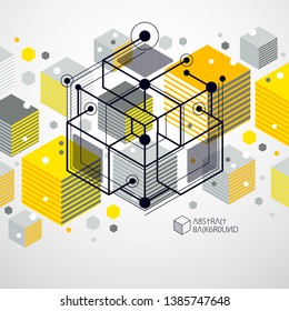 Geometric technology vector yellow drawing, 3D technical wallpaper. Illustration of engineering system, abstract technological backdrop. Abstract technical background.