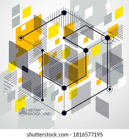 Geometric technology vector yellow drawing, 3D technical wallpaper. Illustration of engineering system, abstract technological backdrop. Abstract technical background.