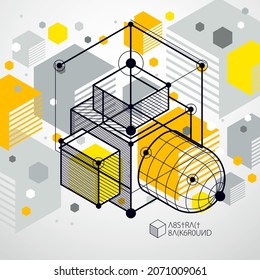 Tecnología geométrica de dibujo amarillo vectorial, fondo de pantalla técnico 3D. Ilustración del sistema de ingeniería, fondo tecnológico abstracto. Resumen de antecedentes técnicos.
