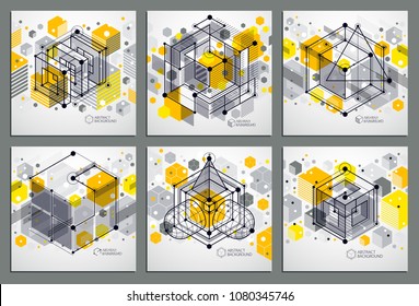 Geometric technology vector yellow drawings set, 3D technical wallpaper. Illustration of engineering system, abstract technological backdrop. Abstract technical background.