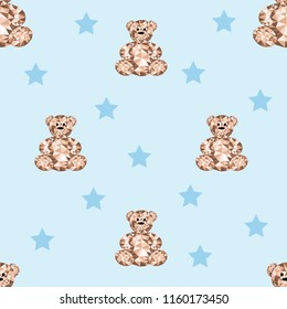 Geometric teddy bear, Seamless pattern with low poly of brown bear with blue stars on blue background,Vector with cute background of teddy toy,
