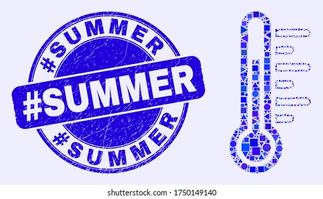 Geometric temperature mosaic pictogram and #Summer stamp. Blue vector round scratched seal stamp with #Summer caption. Abstract composition of temperature organized of round, tringle,