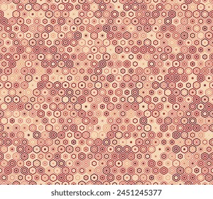 Geometric template background. Bold rounded stacked hexagon cells. Red color tones. Hexagon shapes. Tileable pattern. Seamless vector illustration.