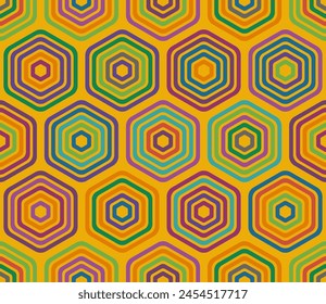 Geometric template background. Bold rounded stacked hexagons mosaic pattern. Large hexagons. Multiple tones color palette. Seamless pattern. Tileable vector illustration.