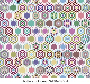 Geometric template background. Geometric elements of varied style and color. Hexagonal shapes. Tileable pattern. Seamless background. Lively vector illustration.