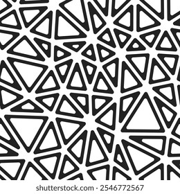 Geometrischer Vorlagenhintergrund. Mittlere Dreiecke. Schwarz-Weiß Stil. Abgerundete dreieckige Zellen, umrissen. Wiederholbares Muster. Monochromer Kontrast. Moderne Vektorgrafiken.