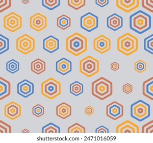 Geometric template background. Multicolored geometric elements of varied size. Bold rounded stacked hexagon cells. Large hexagon shapes. Tileable pattern. Seamless vector illustration.