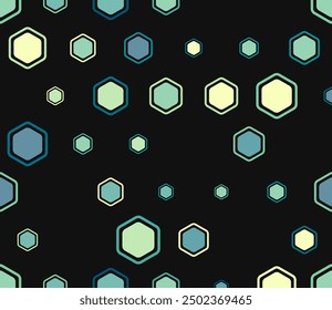 Geometric template background. Multicolored geometric elements of varied size. Bold rounded hexagons mosaic cells with padding and inner solid cells. Large hexagon shapes. Tileable pattern.