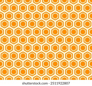 Geometric template background. Orange color on matching background. Bold rounded hexagon cells with padding and inner solid cells. Hexagonal shapes. Seamless pattern. Tileable vector illustration.