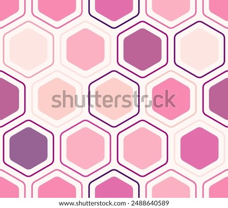 Geometric template background. Rounded hexagons mosaic pattern with inner solid cells. Large hexagons. Multiple tones color palette. Seamless pattern. Tileable vector illustration.