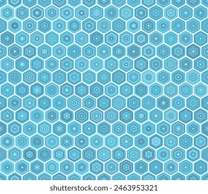 Geometric template background. Rounded stacked hexagons mosaic pattern. Blue color tones. Hexagon cells. Tileable pattern. Seamless vector illustration.