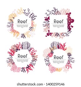 Geometric template of seaweed and corals collection, vector illustration on white background, four frames