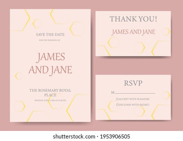 Geometric template for a wedding invitation. Vector wedding floral invitation. Rsvp card design set. Invitation card with golden pattern