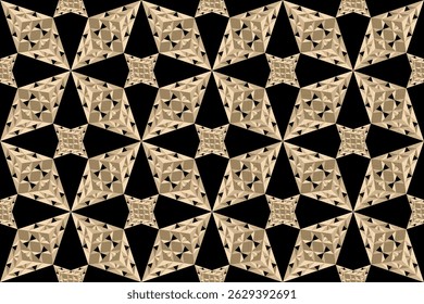 Geometric Tessellation Seamless Pattern. Dimensional 3d Tessellation Art with Pyramids. Interlocking Pyramid Shapes forming a Floral and Star Pattern on a Black Background.