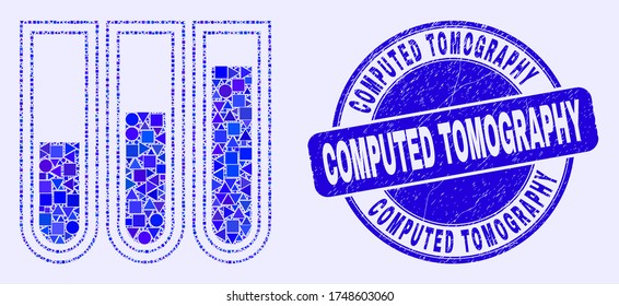 Geometric test-tubes mosaic icon and Computed Tomography seal stamp. Blue vector rounded scratched seal stamp with Computed Tomography caption. Abstract composition of test-tubes designed of sphere,