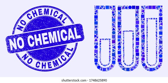 Geometric test-tubes mosaic icon and No Chemical seal stamp. Blue vector round scratched stamp with No Chemical text. Abstract mosaic of test-tubes designed of round, tringle, square geometric spots.