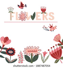 Geometric text Flowers for greeting card or wedding invitation. Abstract botanic flyer design with floral and birds. Template for spring, summer party.