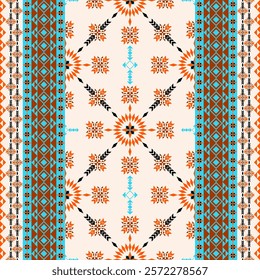 A geometric textile design with intricate symmetrical patterns in orange, blue, black, and cream It features decorative floral and tribal motifs framed by detailed border elements. Vector Navajo 