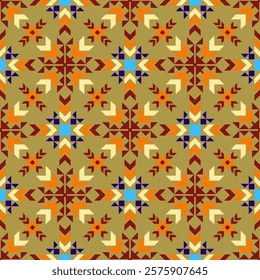 a geometric textile pattern featuring star and arrow motifs in earthy tones of brown, orange, beige, with blue and white accents, arranged symmetrically on a beige background. Vector ethnic navajo