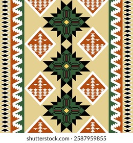  Geometric Textile Pattern A symmetrical geometric textile design featuring traditional tribal motifs in earthy tones of green, brown, black, and beige.