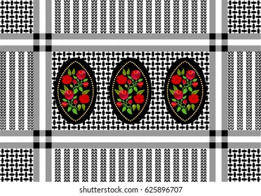 Geometric textile print with floral damask elements. Checkered scarf with roses.