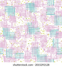 Geometric texture pattern with playful lines effect. blue with pink yellow dot on white background.Colorful basket weave abstract vector pattern. Stripes creating rectangles forming a weave.