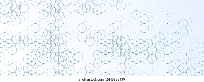 Geometric texture of plexus balls, dots. Abstract blue background of circles. Circular ornament. Chain of cells. Close bond. Poster technology, medicine, presentations, business. Vector illustration