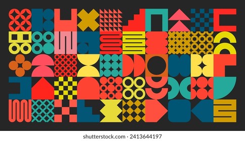 Geometrische Textur mit einfachen Formen, Symbolen. Farbige, primitive Elemente und Formen. Bauhaus Retro-Design, trendiger zeitgenössischer minimalistischer Stil, y2k. Vektorgrafik