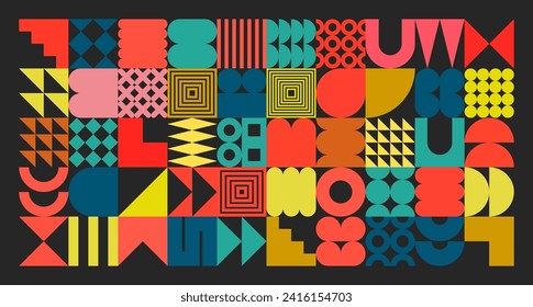 Textura geométrica con formas simples, símbolos. Elementos y formas primitivas coloridas. Diseño retro de Bauhaus, estilo contemporáneo minimalista moderno, y2k. Ilustración del vector