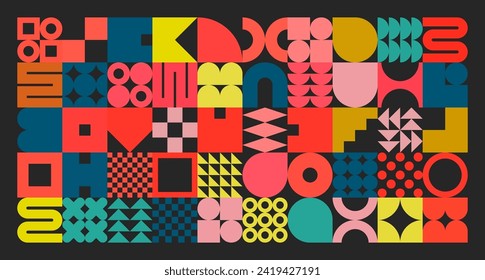 Geometric texture with simple shapes, symbols. Colorful primitive elements and forms. Bauhaus retro design, trendy contemporary minimalist style, y2k. Vector illustration