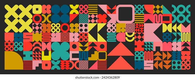 Geometric texture with simple shapes, symbols. Colorful primitive elements and forms. Retro design, trendy contemporary minimalist style. Vector illustration